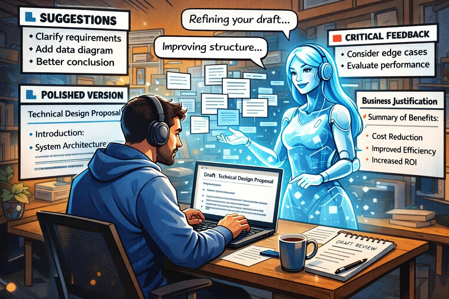 Screenshot of a relaxing engineer sitting with an AI working