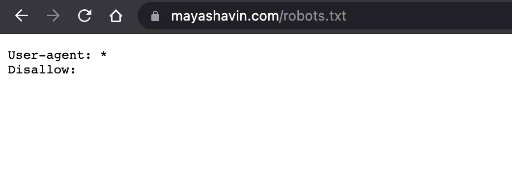 Example of robots.txt file on Maya Shavin website