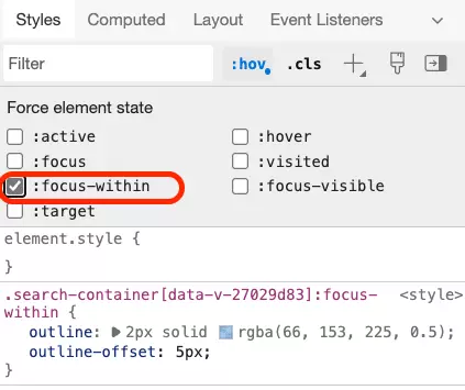 Toggle focus-within state in the dev tools