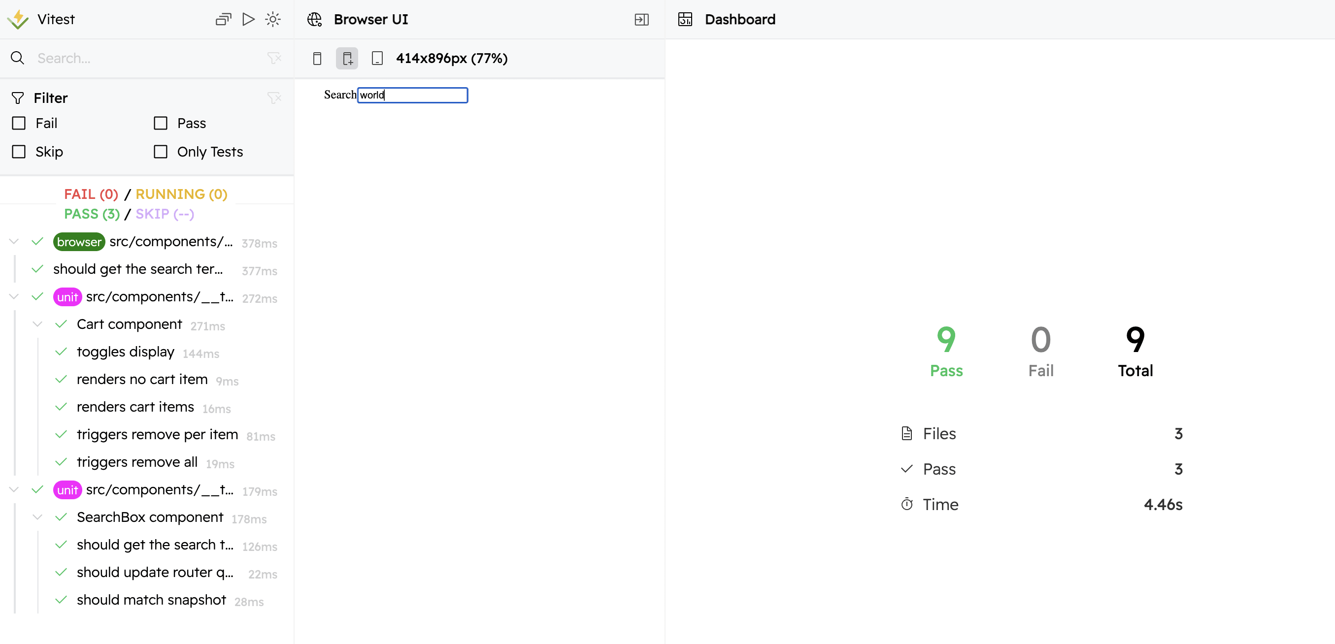 Dashboard of Vitest result with each test labeled by type