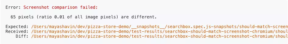 failed screenshot comparison with 65 pixels difference